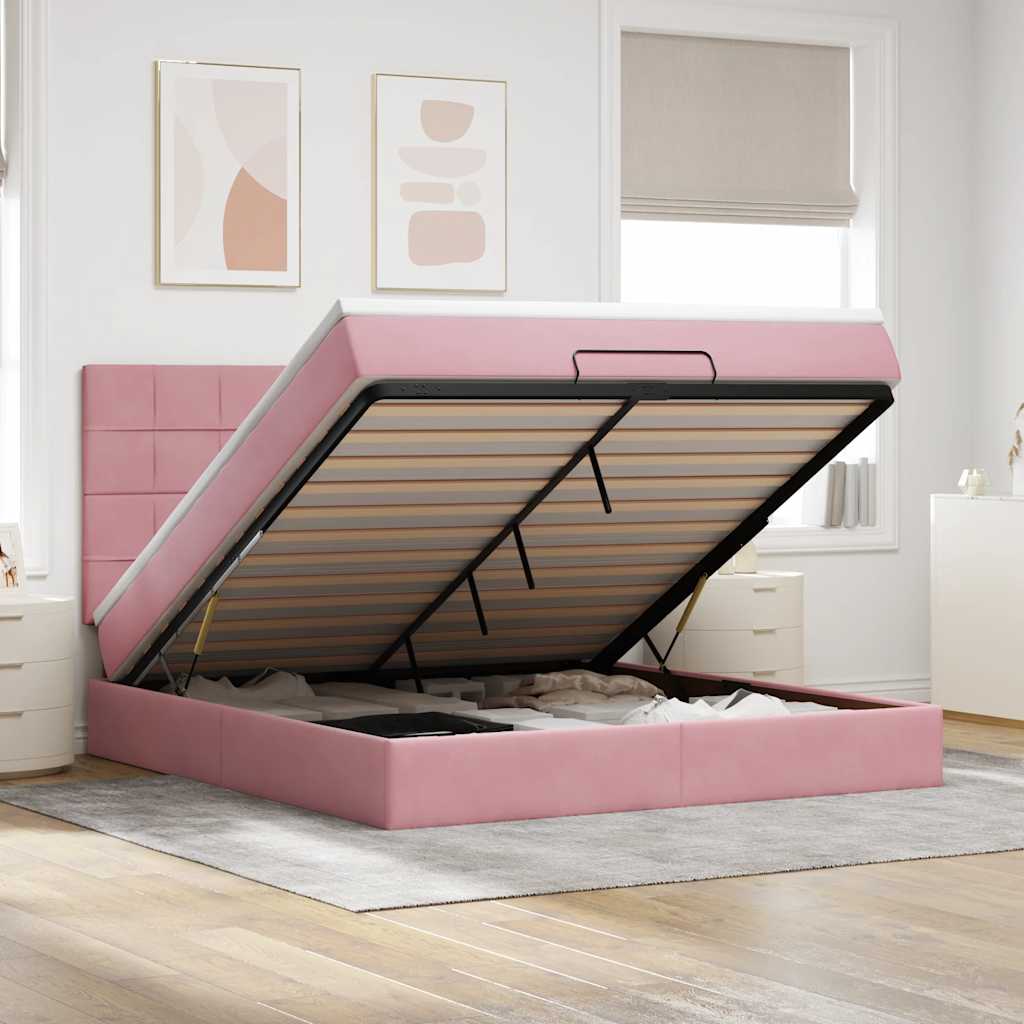 Cadre De Lit Ottoman Avec Matelas Velours Rose
