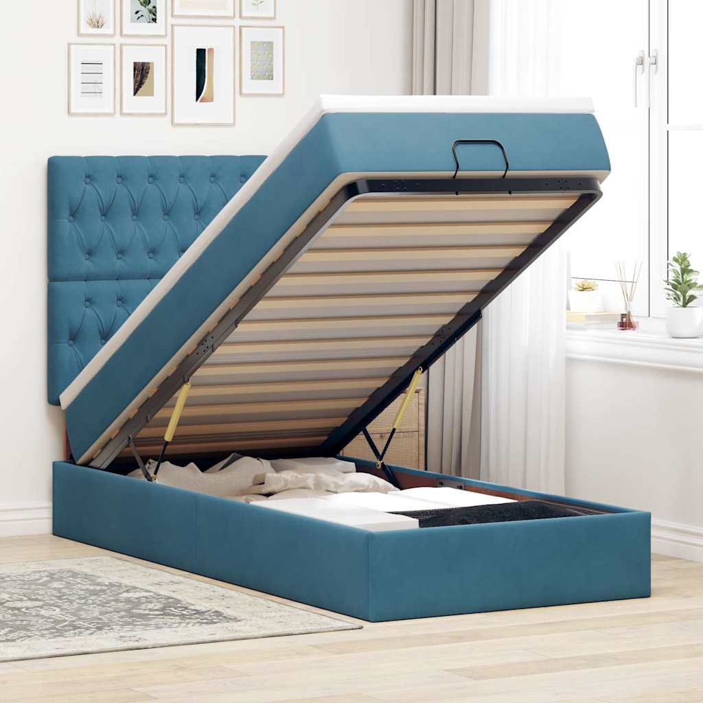 Cadre De Lit Ottoman Avec Matelas Velours Bleu Foncé