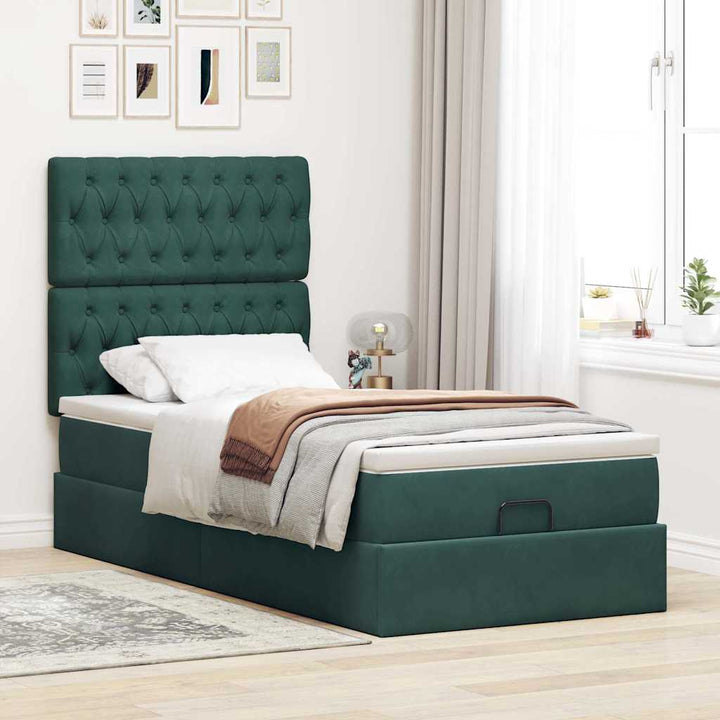 Cadre De Lit Ottoman Avec Matelas Velours Vert Foncé