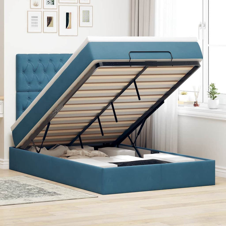 Cadre De Lit Ottoman Avec Matelas Velours Bleu Foncé