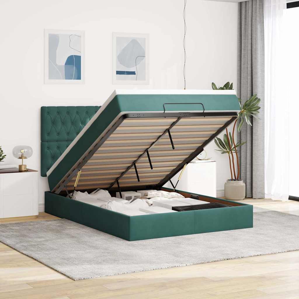 Cadre De Lit Ottoman Avec Matelas Velours Vert Foncé