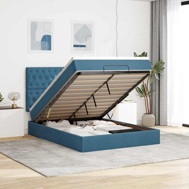 Cadre De Lit Ottoman Avec Matelas Velours Bleu Foncé