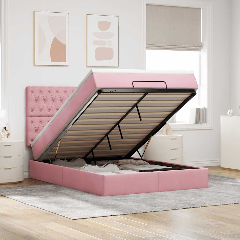 Cadre De Lit Ottoman Avec Matelas Velours Rose