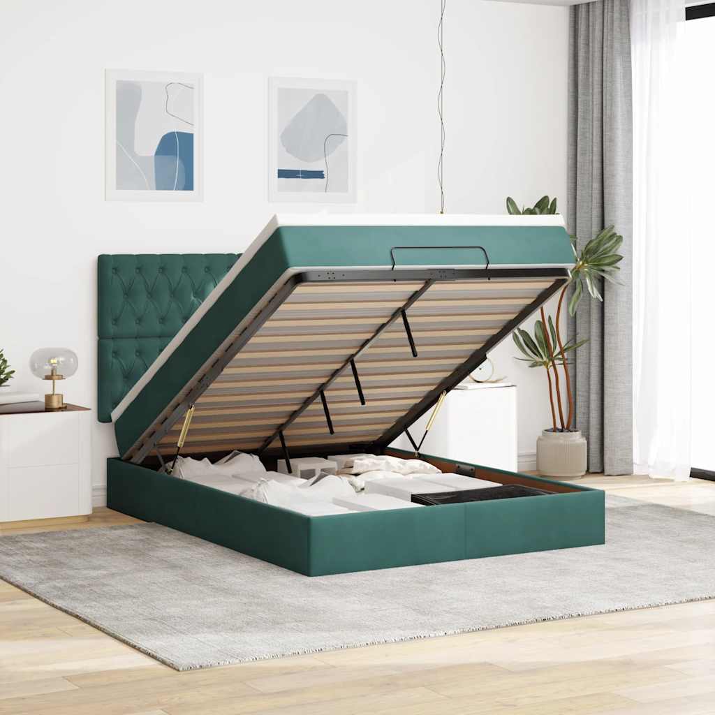 Cadre De Lit Ottoman Avec Matelas Velours Vert Foncé