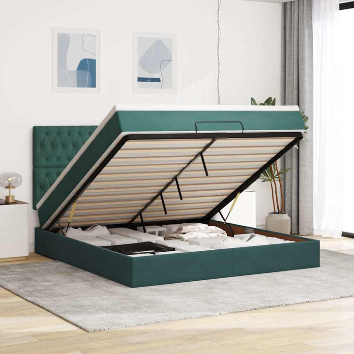 Cadre De Lit Ottoman Avec Matelas Velours Vert Foncé