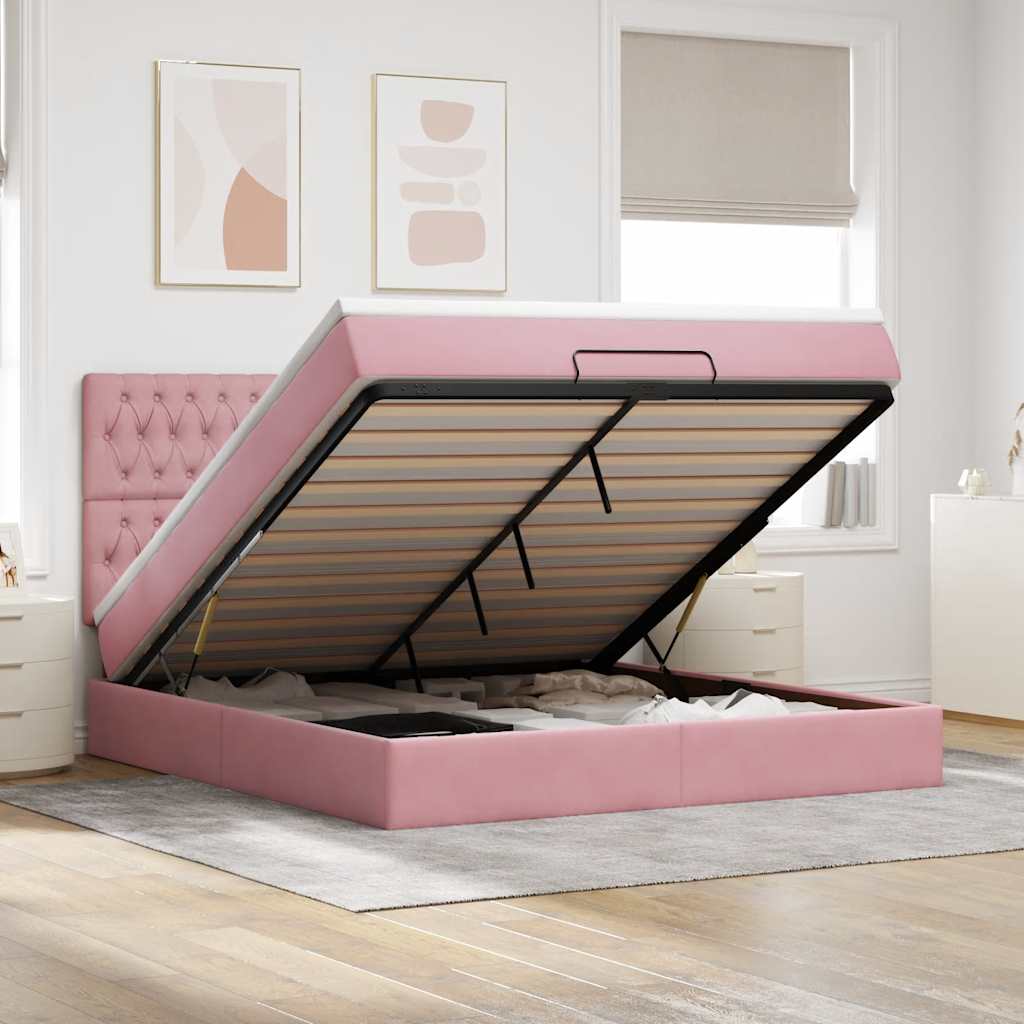 Cadre De Lit Ottoman Avec Matelas Velours Rose