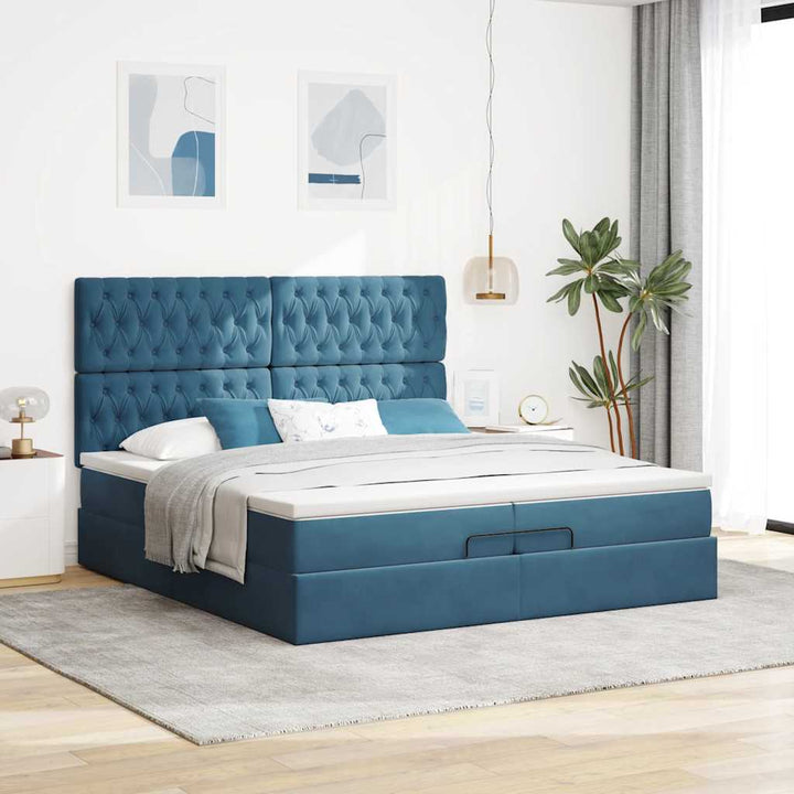 Cadre De Lit Ottoman Avec Matelas Velours Bleu Foncé