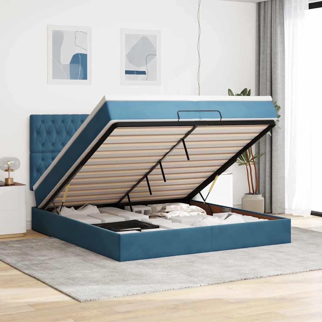 Cadre De Lit Ottoman Avec Matelas Velours Bleu Foncé