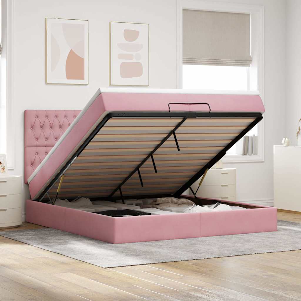 Cadre De Lit Ottoman Avec Matelas Velours Rose