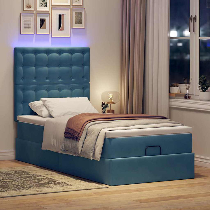 Cadre De Lit Ottoman Avec Matelas Velours Bleu Foncé