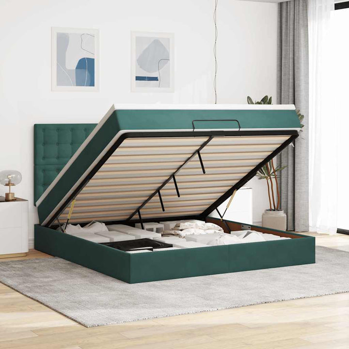 Cadre De Lit Ottoman Avec Matelas Velours Vert Foncé