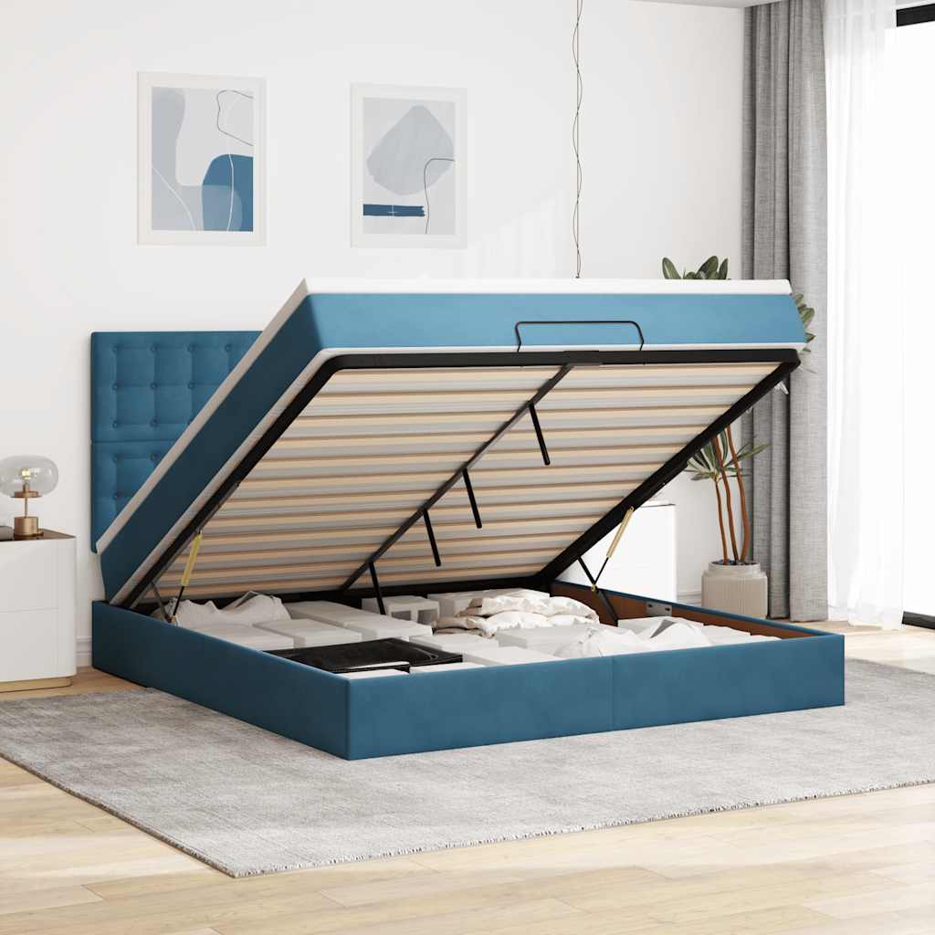 Cadre De Lit Ottoman Avec Matelas Velours Bleu Foncé