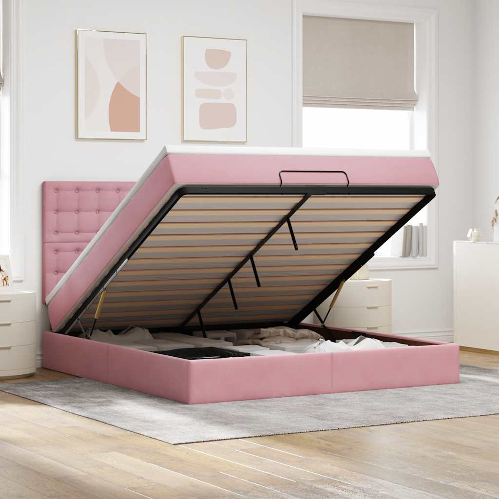 Cadre De Lit Ottoman Avec Matelas Velours Rose