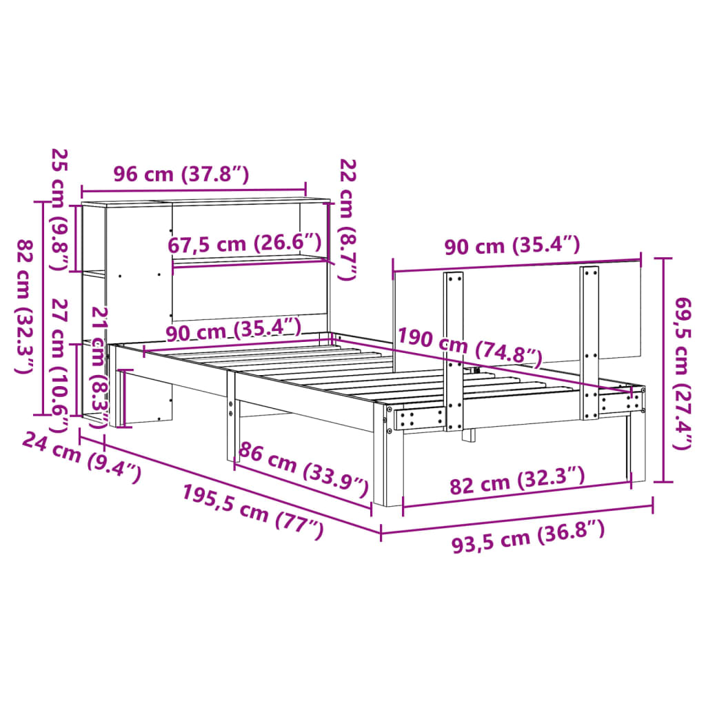 Lit Bibliothèque Sans Matelas 90X190Cm Bois De Pin Massif
