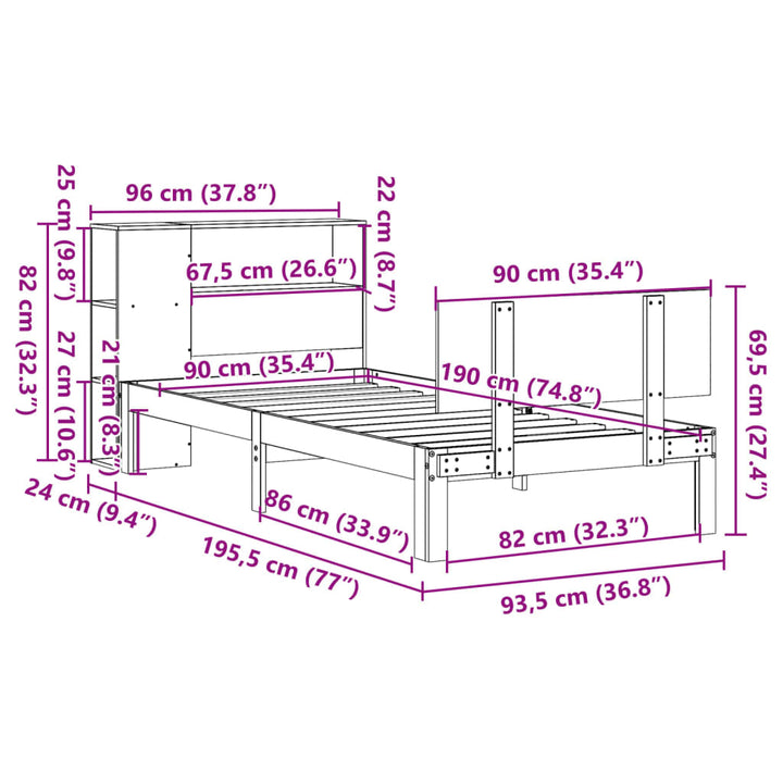 Lit Bibliothèque Sans Matelas 90X190Cm Bois De Pin Massif