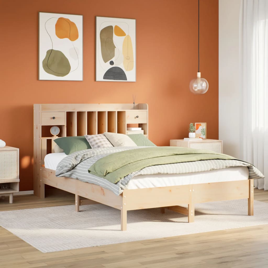 Lit Bibliothèque Sans Matelas Cire Marron Pin Massif