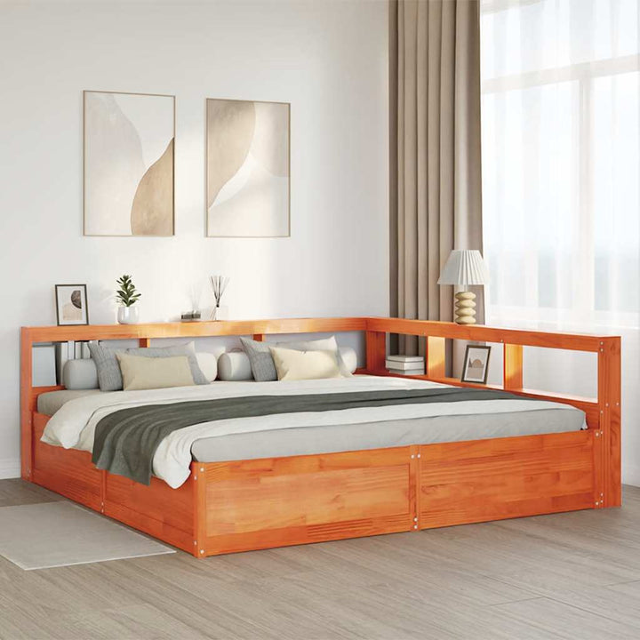 Lit Bibliothèque Sans Matelas Cire Marron Pin Massif