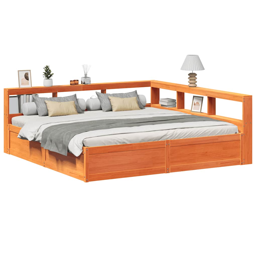 Lit Bibliothèque Sans Matelas Cire Marron Pin Massif