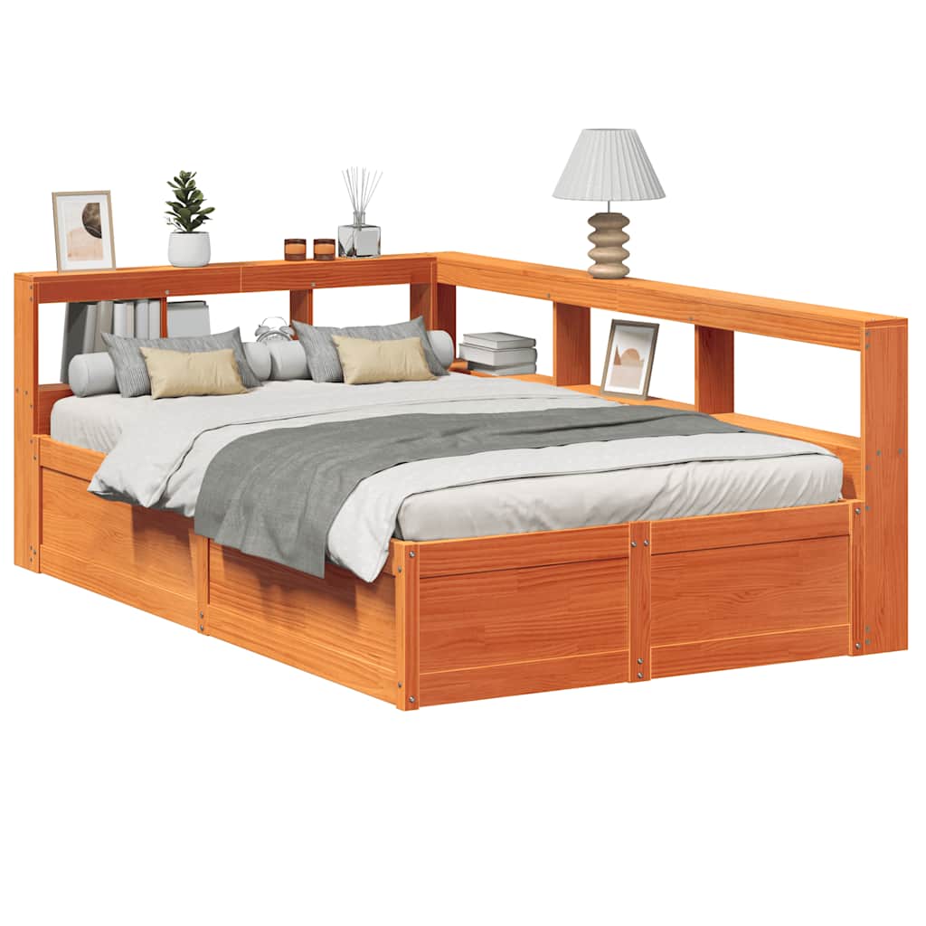 Lit Bibliothèque Sans Matelas Cire Marron Pin Massif