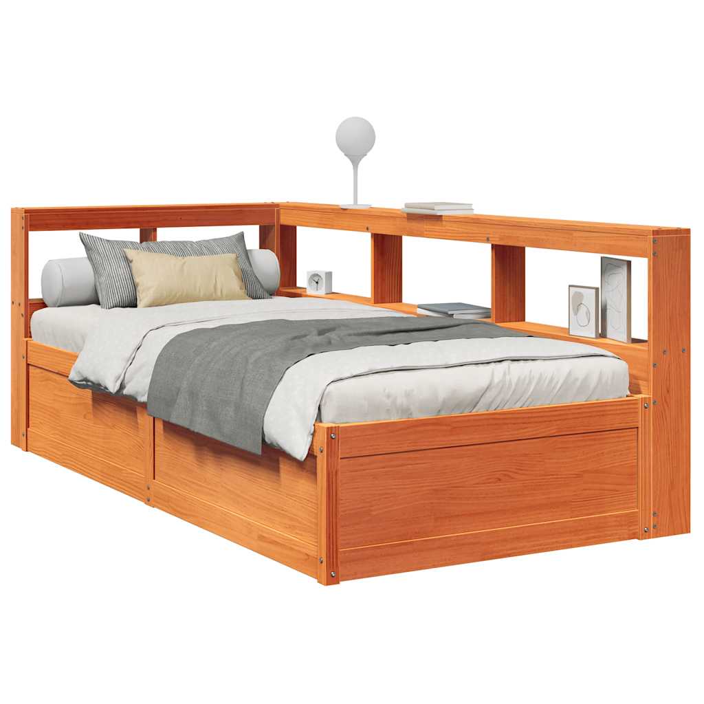 Lit Bibliothèque Sans Matelas Cire Marron Pin Massif