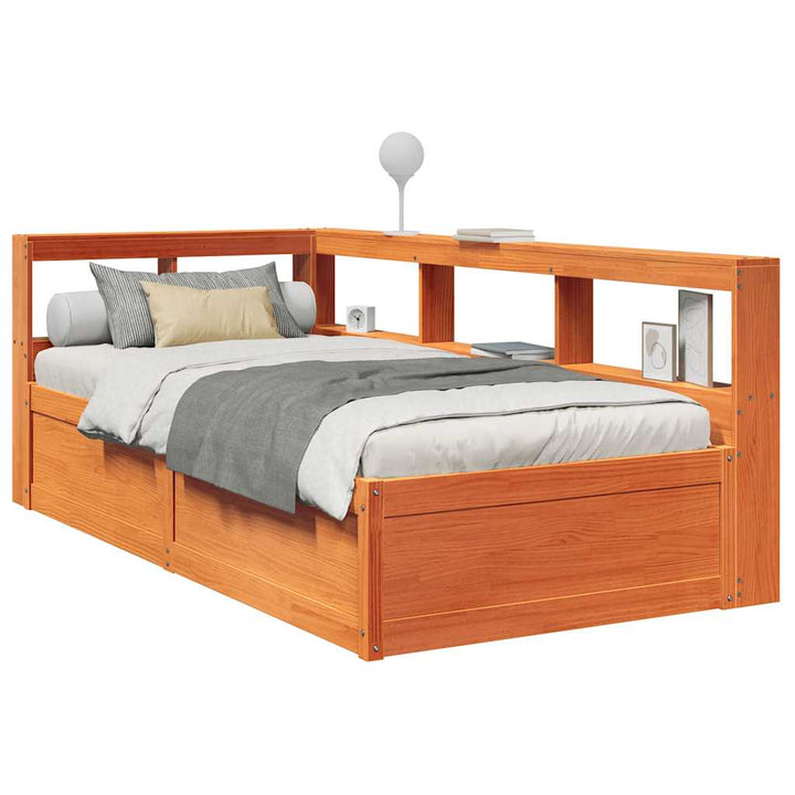 Lit Bibliothèque Sans Matelas Cire Marron Pin Massif