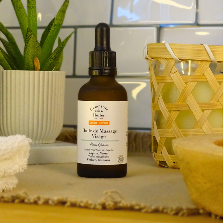 Huile de Massage Régulatrice Bio – Purifiante & Équilibrante | Senteurs Vétiver & Romarin | Certifiée Bio