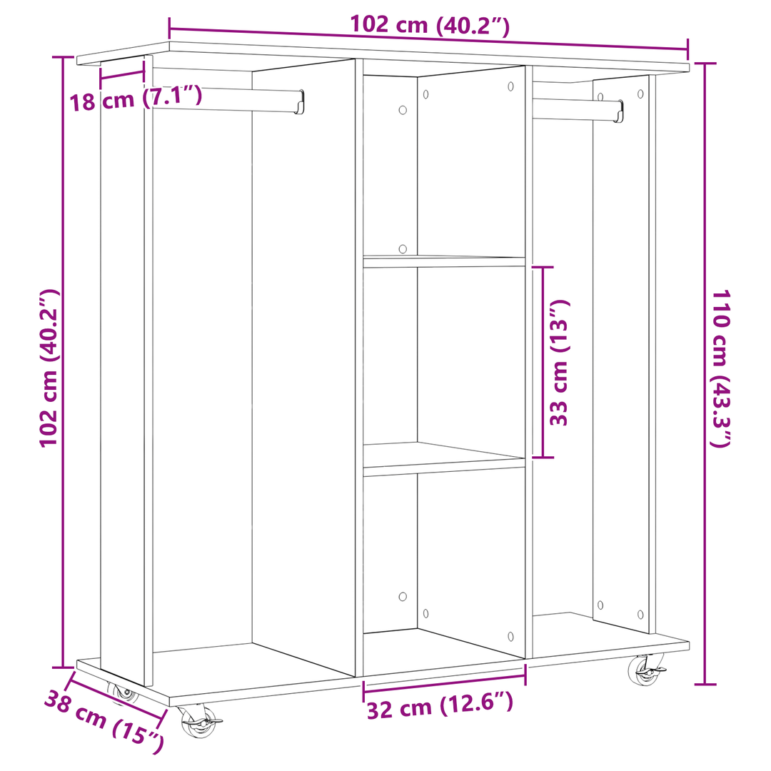 Armoire Avec Roulettes En Chêne Artisan 102X38X110 Cm En Bois D'ingénierie
