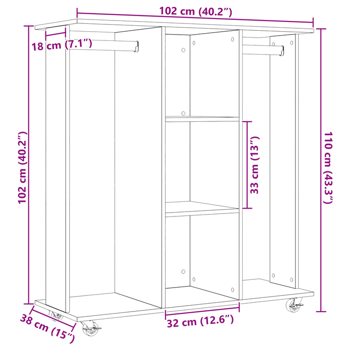 Armoire Avec Roulettes En Chêne Artisan 102X38X110 Cm En Bois D'ingénierie