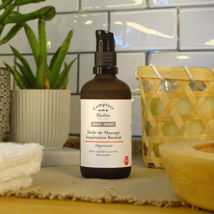 Huile de Massage Adoucissante Bio – Sans Parfum | Nourrissante & Régénérante | Texture Veloutée et Certifiée Bio.