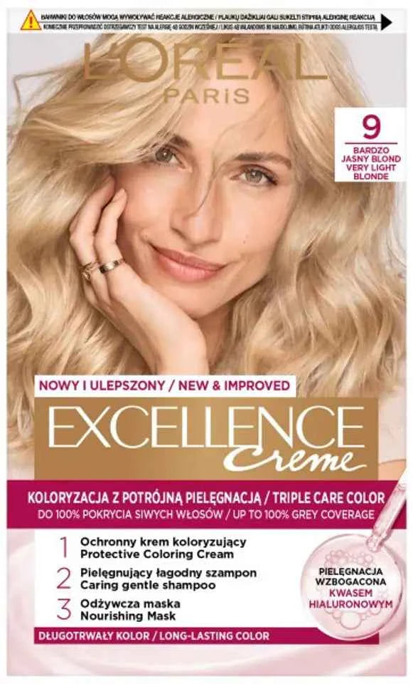 L’Oréal Paris Excellence Crème 9 Très Blond | Coloration Permanente Triple Soin à l’Acide Hyaluronique