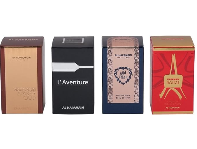 Coffret Parfum Al Haramain 4x10ml – L’Aventure, Amber Oud Gold, Rouge &amp; Azlan Bleu – Set Découverte Luxe