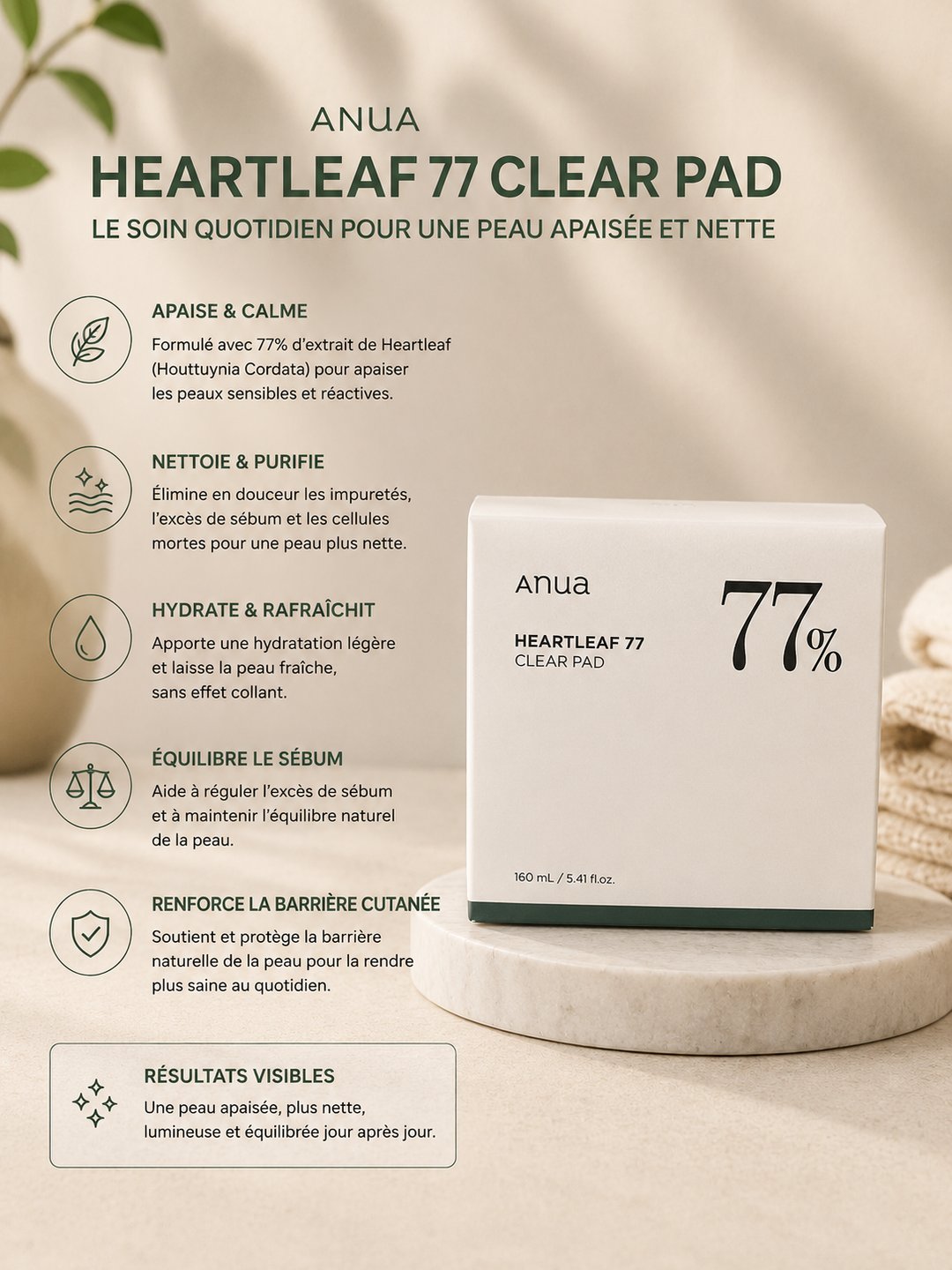Anua Heartleaf 77% Clear Pad – Disques Exfoliants Apaisants pour Peau Nette