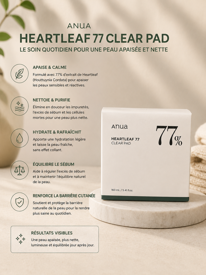 Anua Heartleaf 77% Clear Pad – Disques Exfoliants Apaisants pour Peau Nette