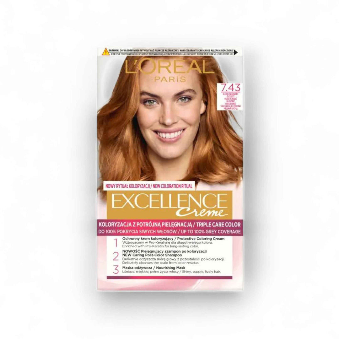 L’Oréal Paris Excellence Crème – 7.43 Blond Cuivré Doré | Coloration Permanente Triple Soin