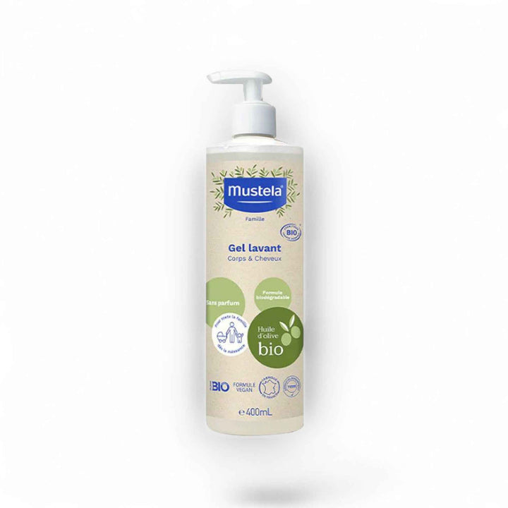 Mustela Gel Lavant Famille BIO – Corps & Cheveux – Huile d’Olive Bio – Sans Parfum – 400 ml