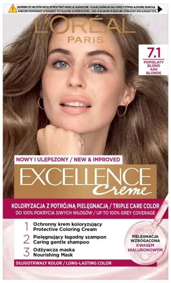 L’Oréal Paris Excellence Crème 7.1 Blond Cendré | Coloration Permanente Triple Soin à l’Acide Hyaluronique