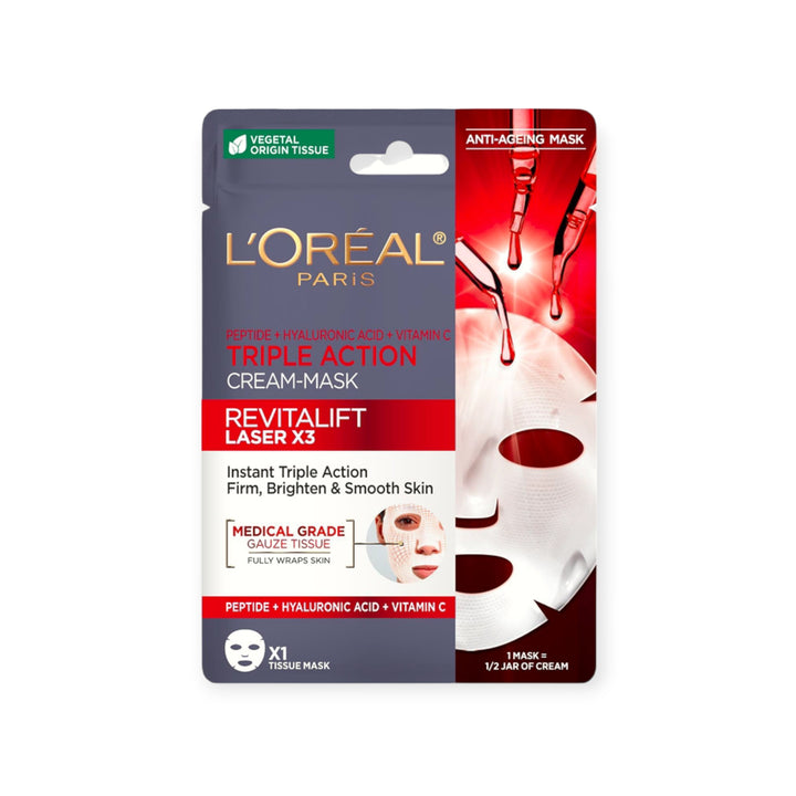L’Oréal Paris Revitalift Laser X3 Masque Tissu Anti-Âge Triple Action – Peptides & Acide Hyaluronique – 28 g