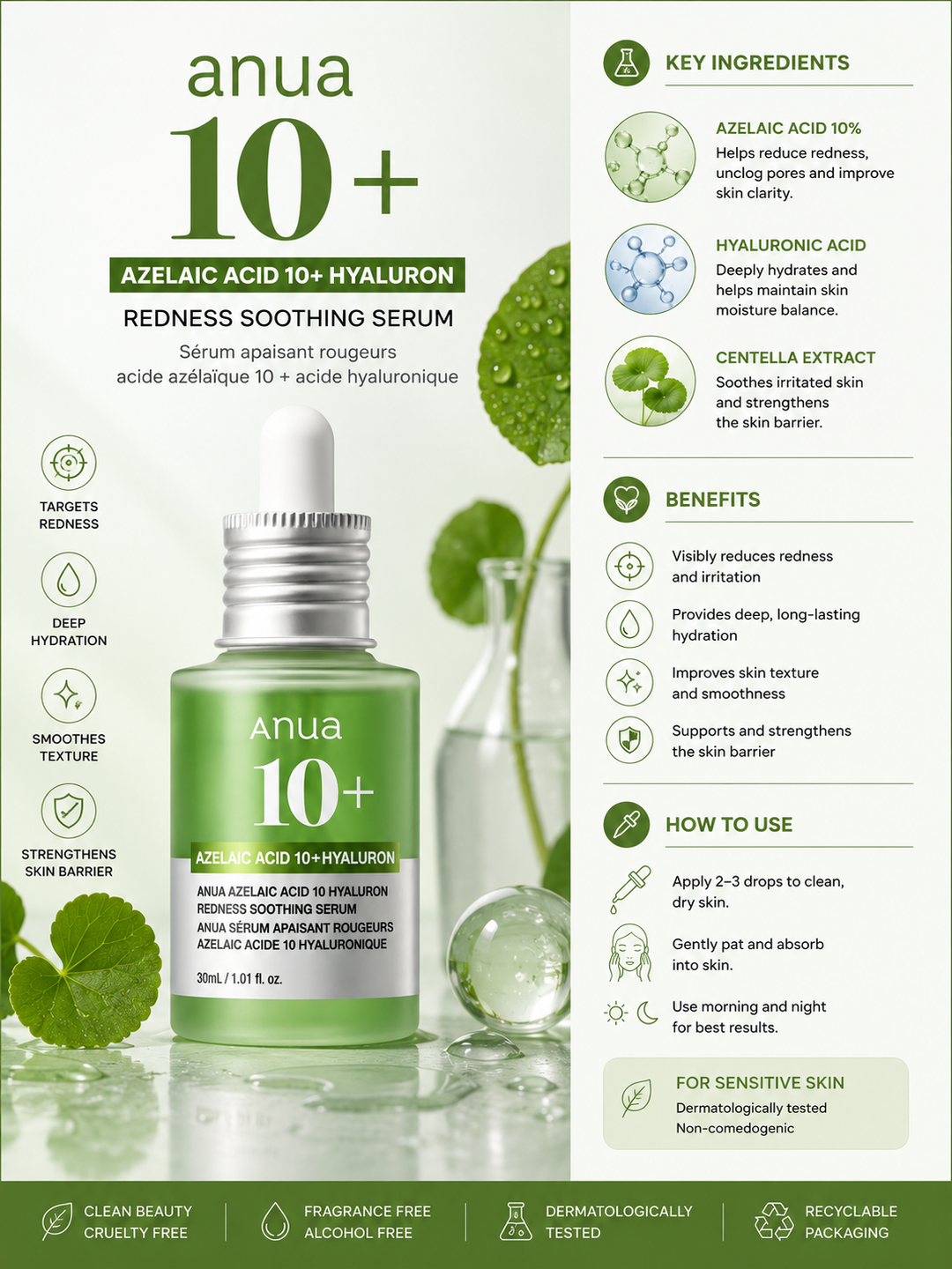 Anua – Sérum Apaisant à l’Acide Azélaïque 10% + Acide Hyaluronique – 30 ml